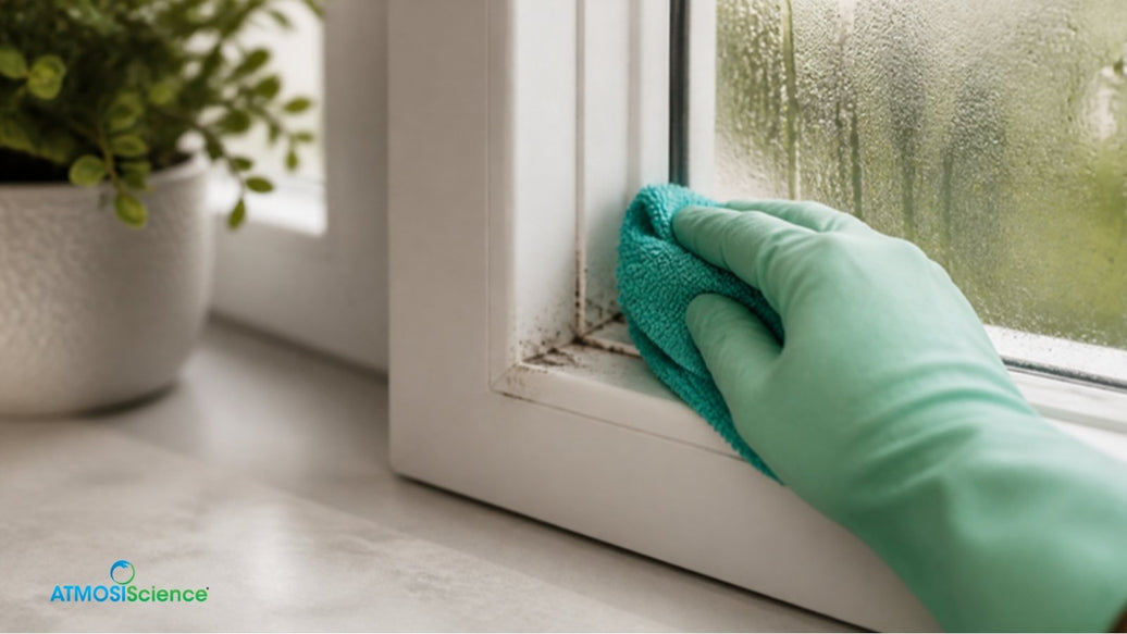 Gloved hand wiping mold spots from a damp window frame, humidity and mold control at home