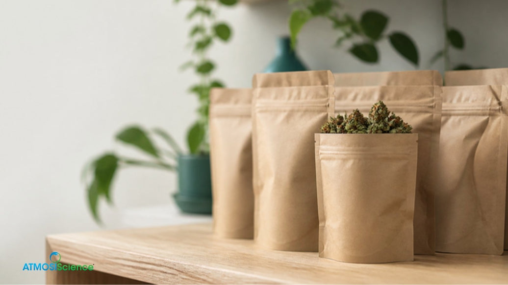Kraft humidity control bags standing on a light oak shelf, one open with dried cannabis buds