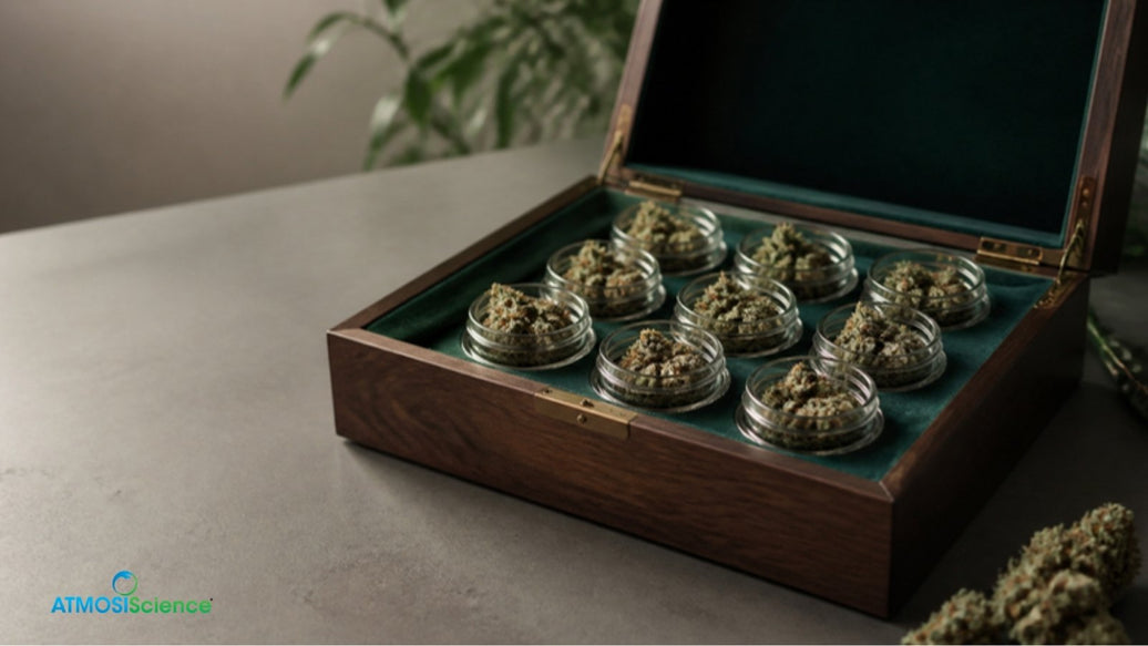 Walnut storage box with velvet lining holding jars of premium weed to protect it