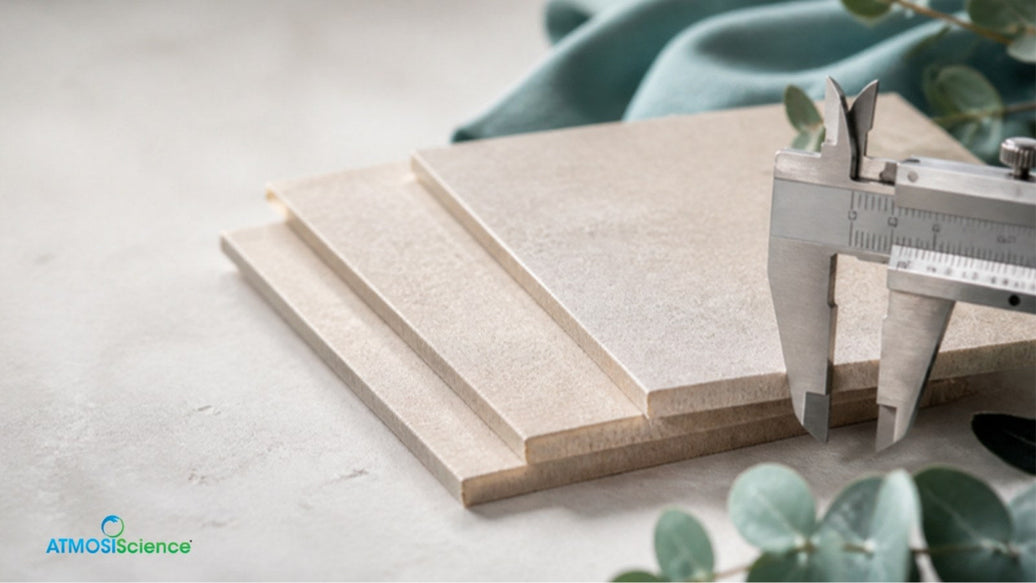 Caliper measuring the thickness of stacked paper sheets beside eucalyptus leaves