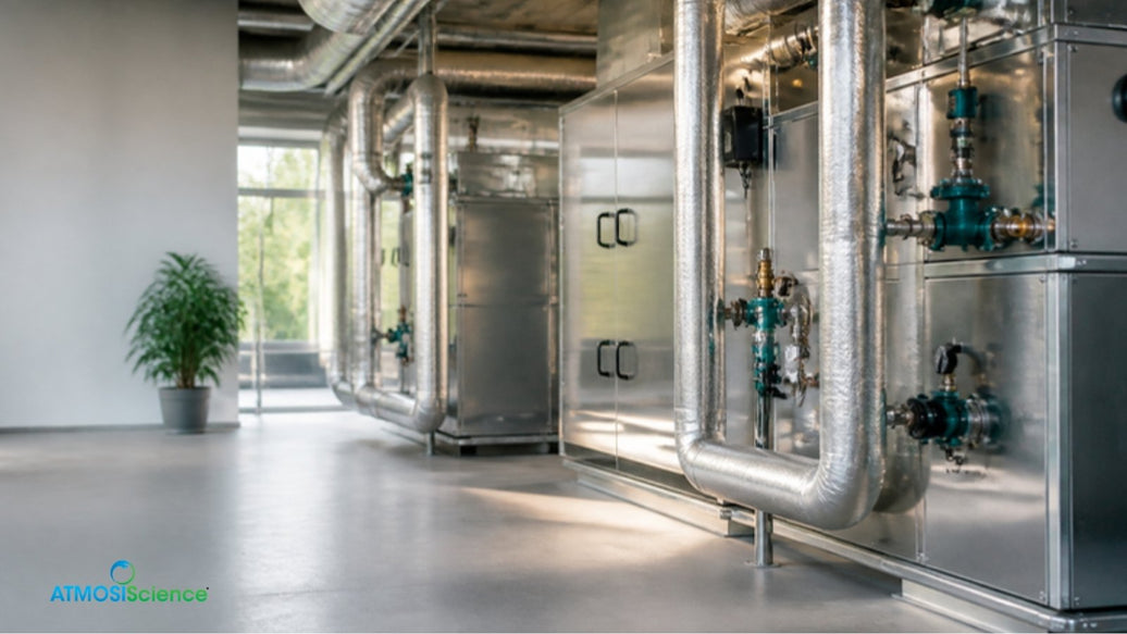 Industrial air-handling units and insulated pipes in a plant room, industrial humidity control and energy savings