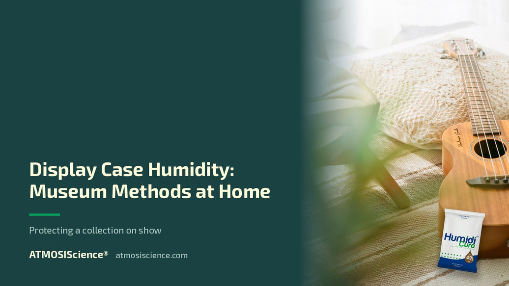 Instrument display case humidity — museum methods for home collections | Humidi-Cure® 49% two-way humidity control by ATMOSIScience