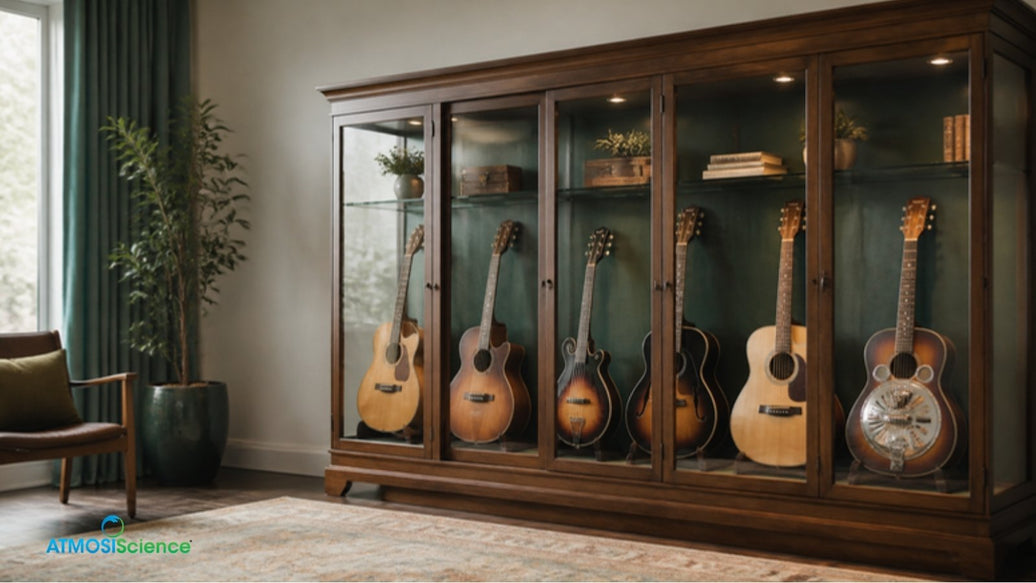 Glass display cabinet with vintage guitars and a mandolin, display case humidity for collections
