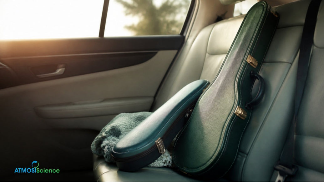 Guitar and violin cases on a car back seat in hot sun, leaving an instrument in a car