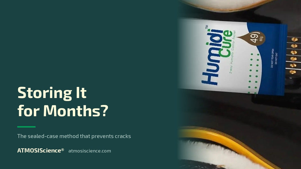 Long-term instrument storage — the sealed-case method that prevents cracks | Humidi-Cure® 49% two-way humidity control by ATMOSIScience