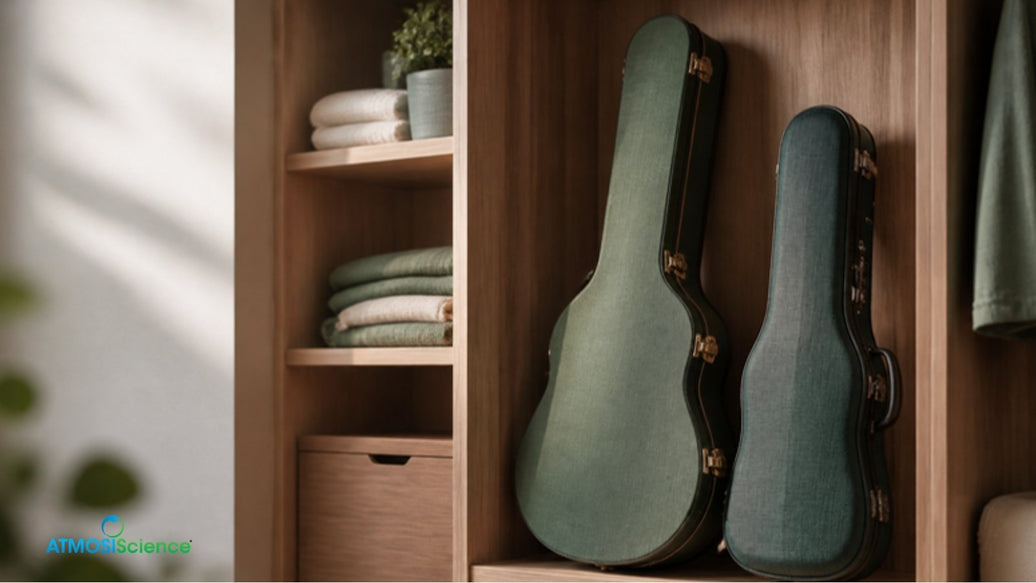 Closed guitar and violin cases on a closet shelf, long term instrument storage in a sealed case
