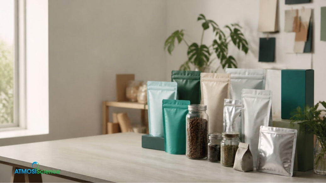 Barrier film pouches, foil bags and jars on a table, moisture control packaging options for buyers