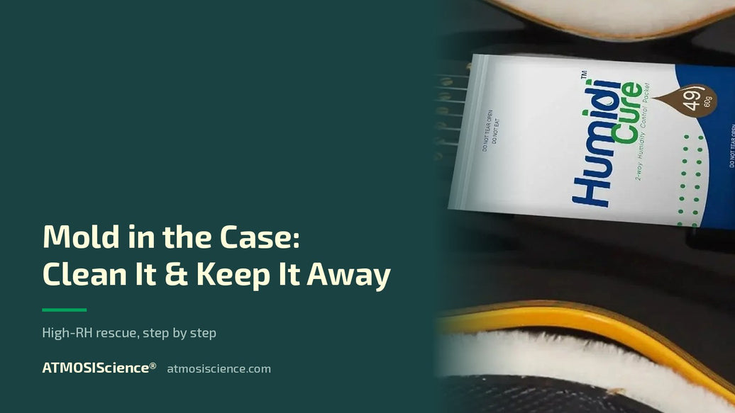 Mold in an instrument case: cleaning and prevention at high RH | Humidi-Cure® 49% two-way humidity control by ATMOSIScience