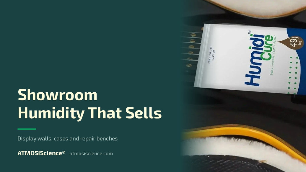 Humidity control for music stores and luthier workshops — showroom, display wall, repair bench | Humidi-Cure® 49% two-way humidity control by ATMOSIScience