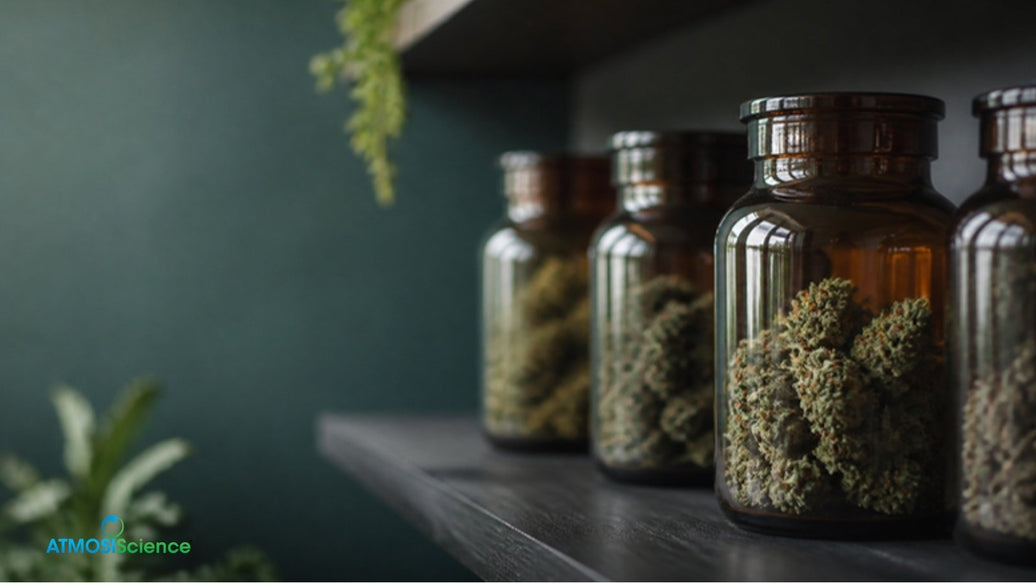 Amber glass jars of cannabis on a cool, dark pantry shelf for optimal weed storage