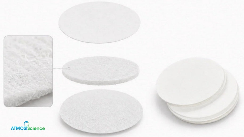 Stack of round plant-fiber desiccant cards beside an exploded view of its layers