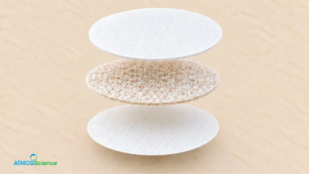 Exploded view of a Fiber Desiccant Card: outer layers around a plant-fiber core