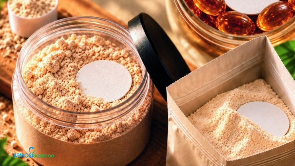 Round fiber desiccant discs placed in supplement powder jars and a pouch