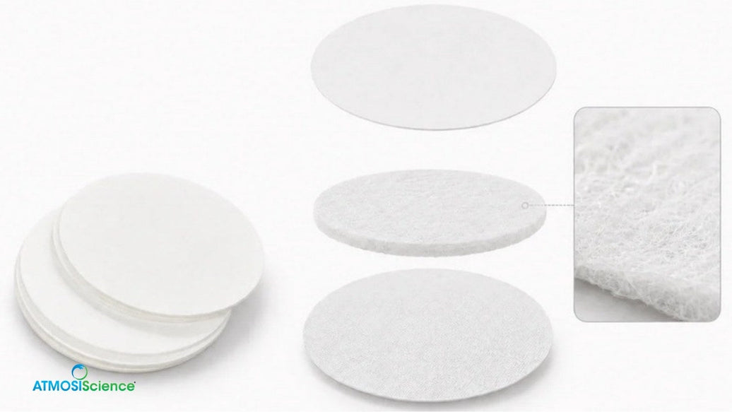 Stack of round Fiber Desiccant Cards beside an exploded view of a card's layers