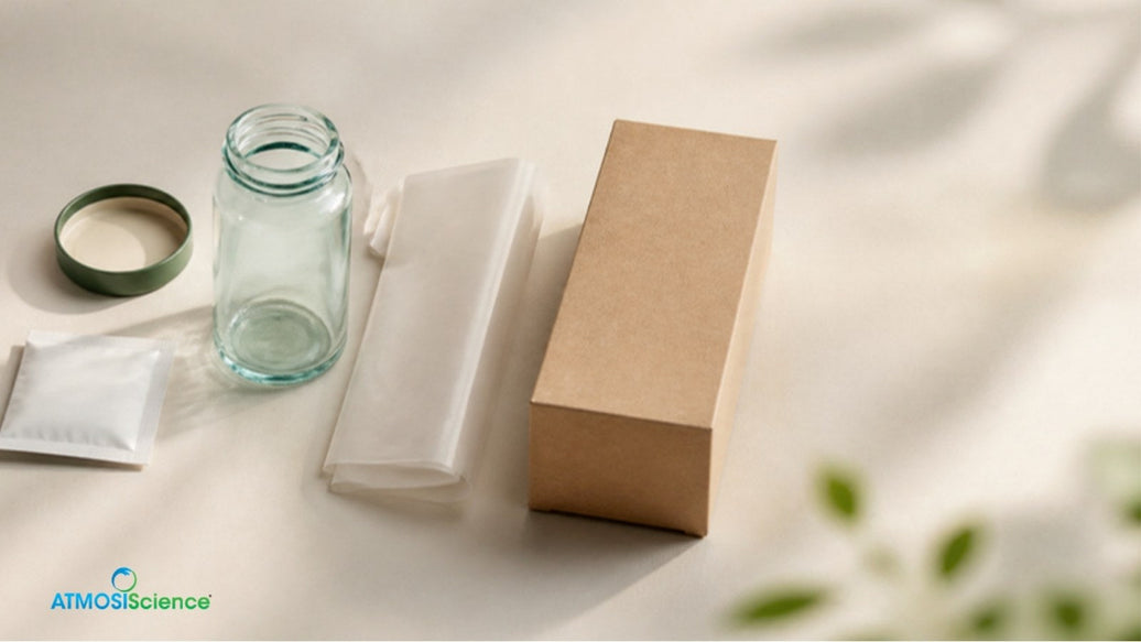 Kraft paper box, white paper sheet, glass jar and small paper sachet on a light table