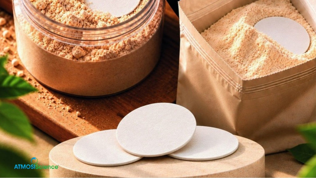 Round Fiber Desiccant Cards beside a jar and a pouch of supplement powder