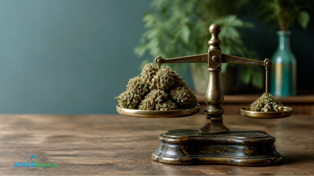 Brass balance scale weighing a large and a small pile of cannabis buds, choosing a storage bag size