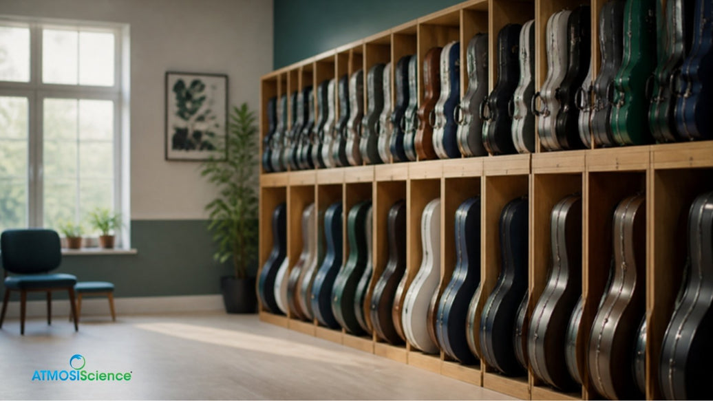 School music room racks of violin and cello cases, a humidity program for school instrument fleets
