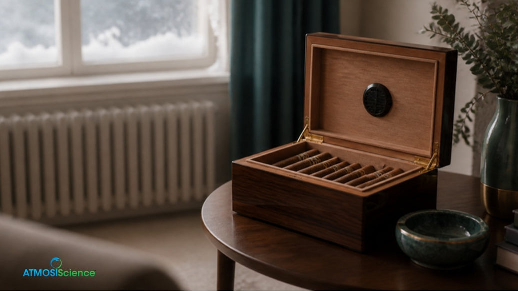 Desktop humidor by a frosted window above a radiator, seasonal cigar storage for winter heating and summer AC