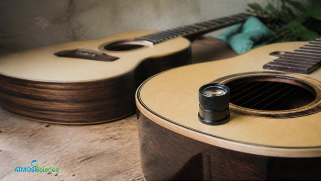 Two acoustic guitars compared on a workbench, solid wood vs laminate guitar humidity needs