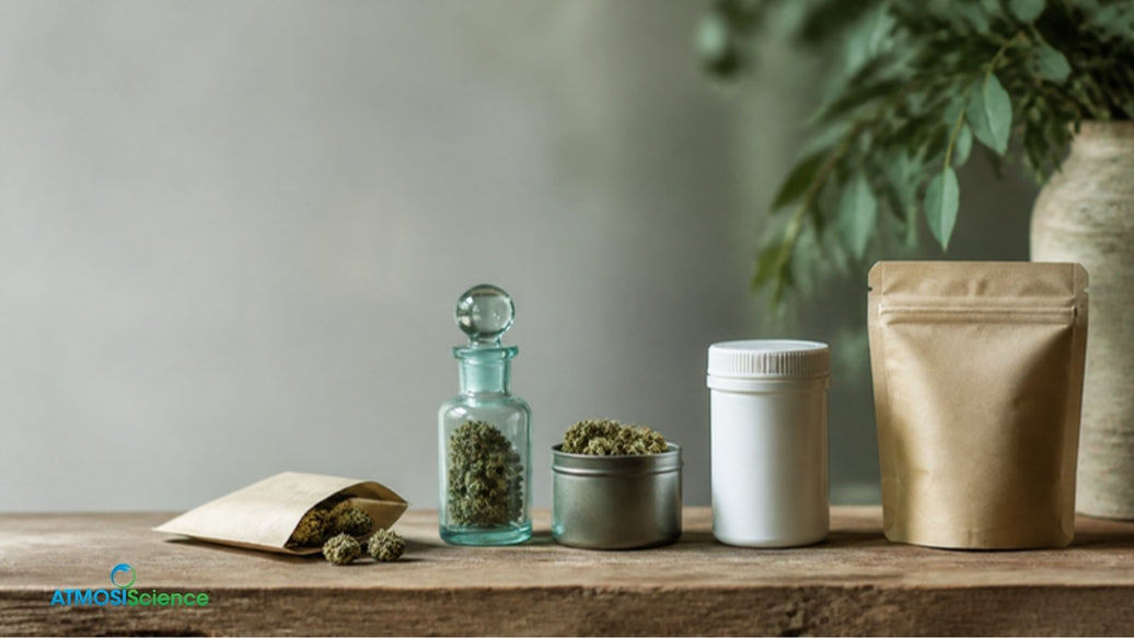 Old to modern cannabis packaging on a shelf, from paper envelopes and tins to kraft pouches