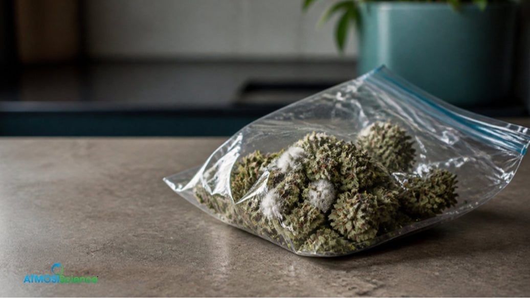 Weed stored in a plastic bag with fuzzy white mold spots on a kitchen counter