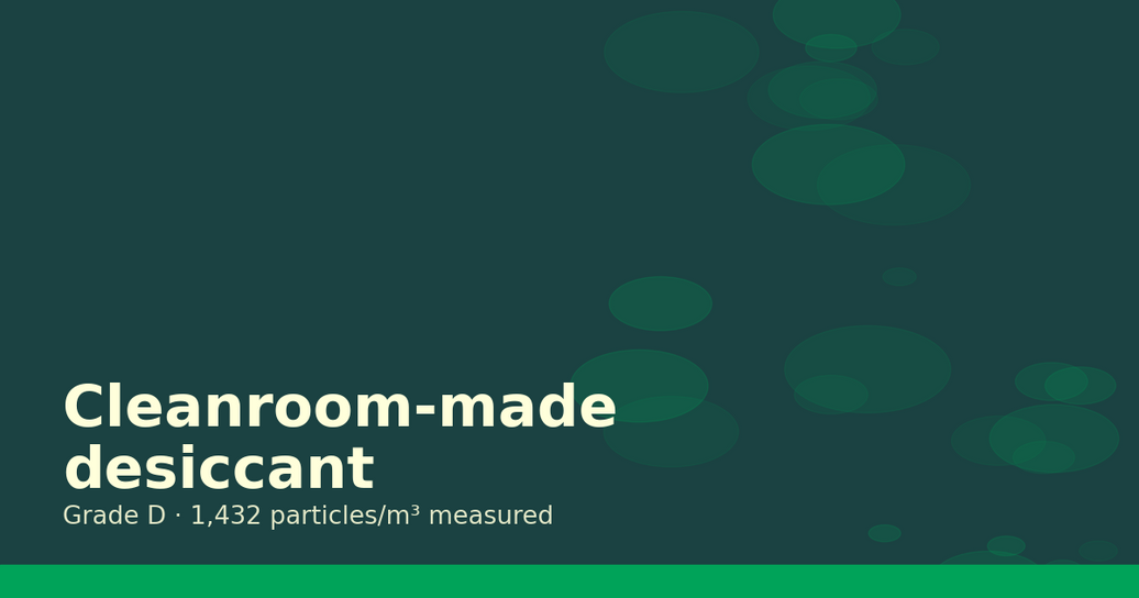 Cleanroom-made desiccant: Grade D, 1,432 particles per cubic metre measured