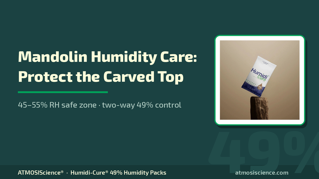 Mandolin humidity care — protect the carved top with a 49% two-way humidity pack