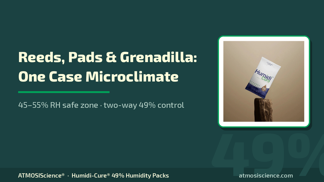 Woodwind reeds, pads and grenadilla — one case microclimate at 49% RH