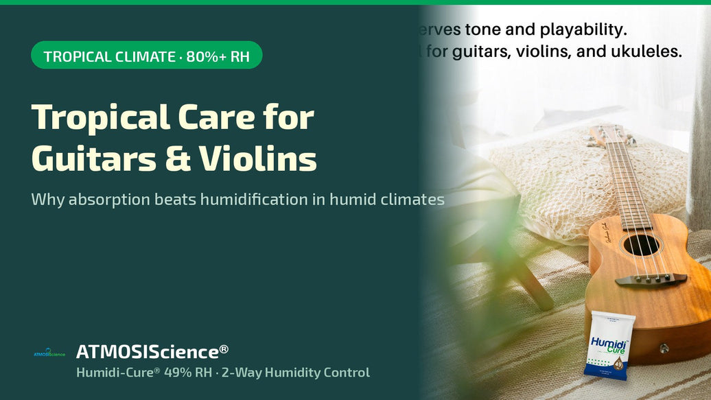 Tropical humidity care for guitars and violins with Humidi-Cure 49% RH two-way pack