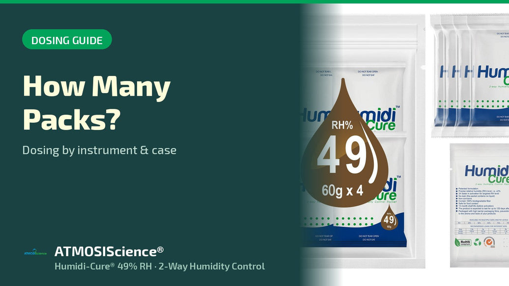 Dosing guide for how many Humidi-Cure 49% humidity packs per instrument and case