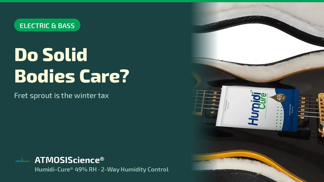 Electric guitar and bass humidity control with Humidi-Cure 49% RH pack, preventing fret sprout
