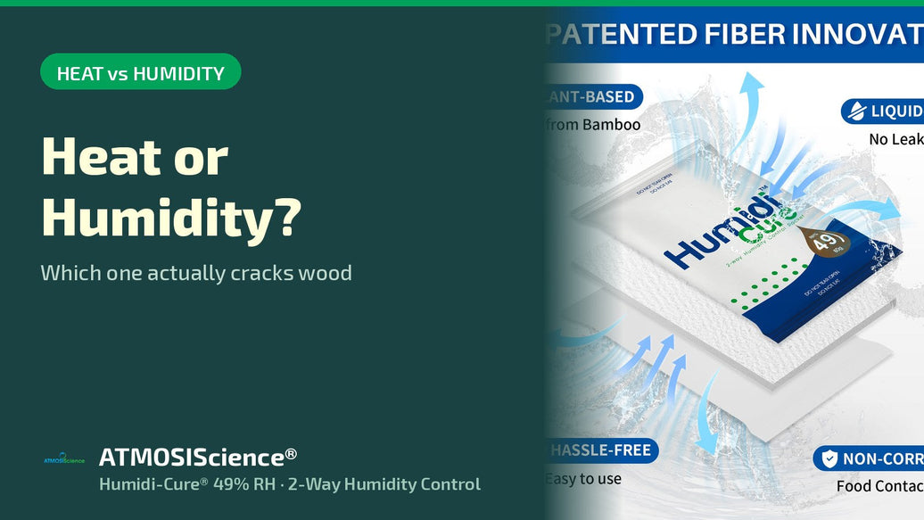 Humidity versus temperature effect on wooden instruments, controlled by Humidi-Cure 49% RH pack