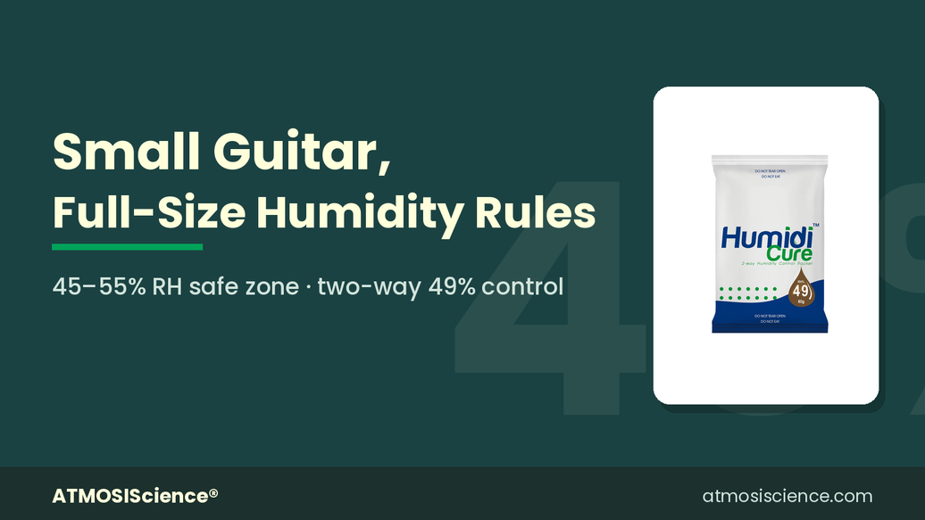 Travel and mini guitar humidity care checklist with Humidi-Cure 49% pack in a gig bag