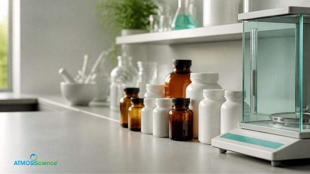 Lab bench with amber and white bottles beside an analytical balance