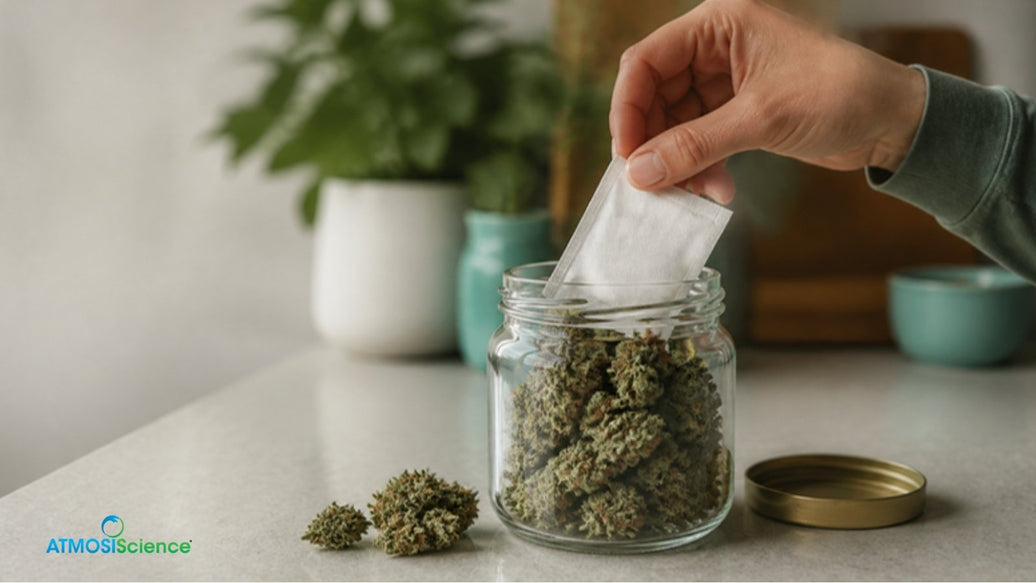 Hand placing a humidity sachet into a jar of dry cannabis to rehydrate it safely