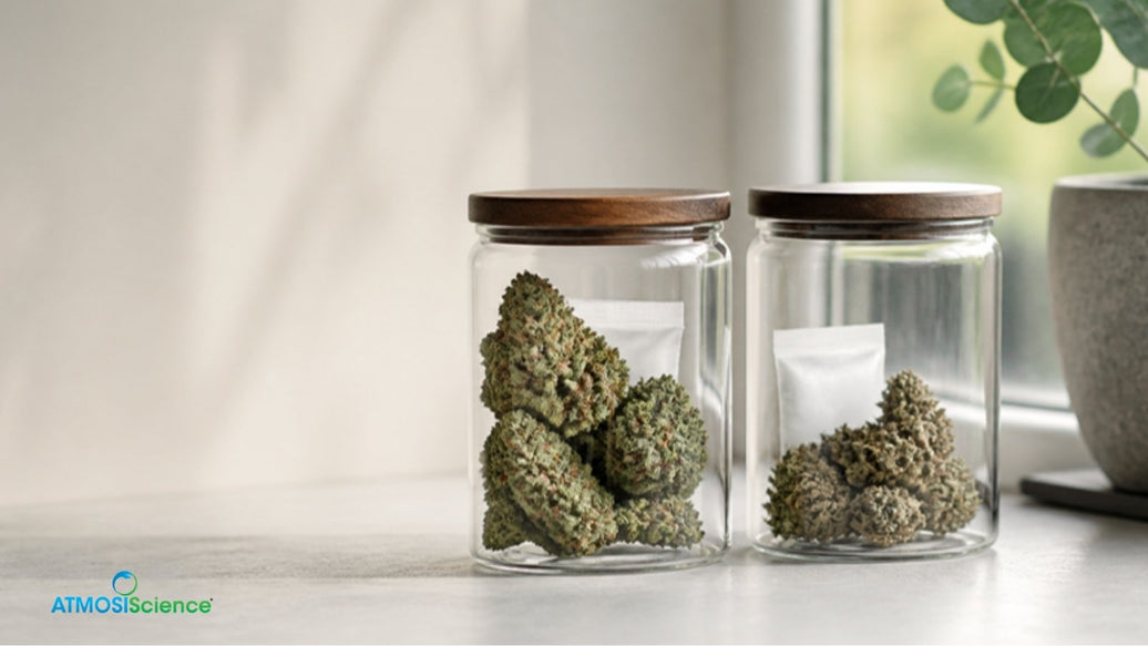 Two jars of cannabis, one fresh and one dried out, showing humidity drift over time
