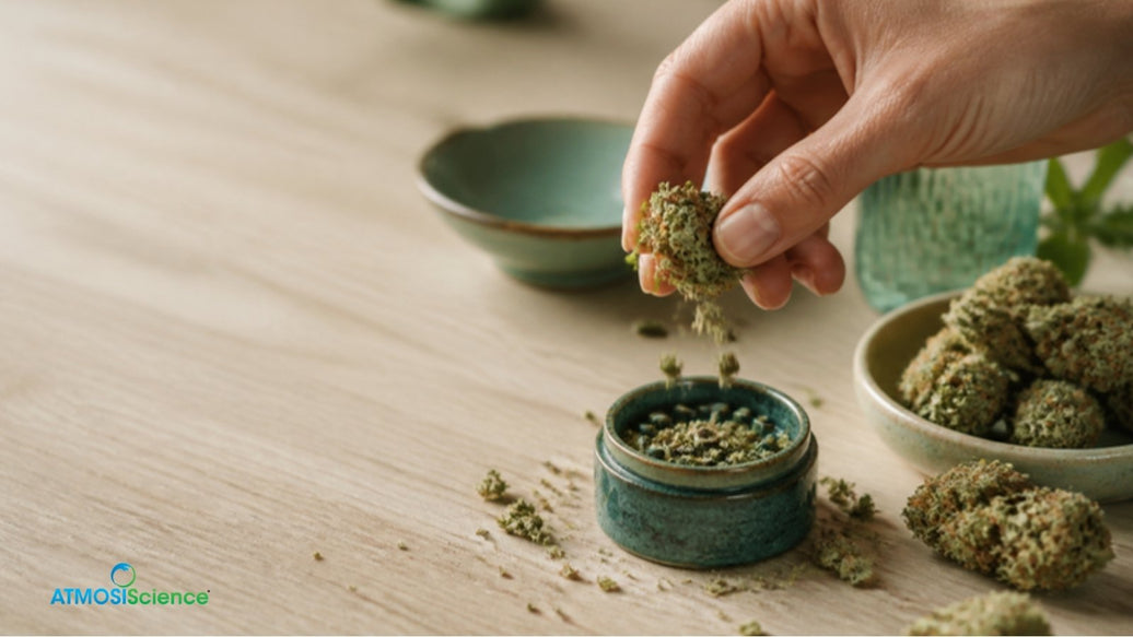 Hand breaking a crumbly cannabis bud over a grinder, why weed feels harsh