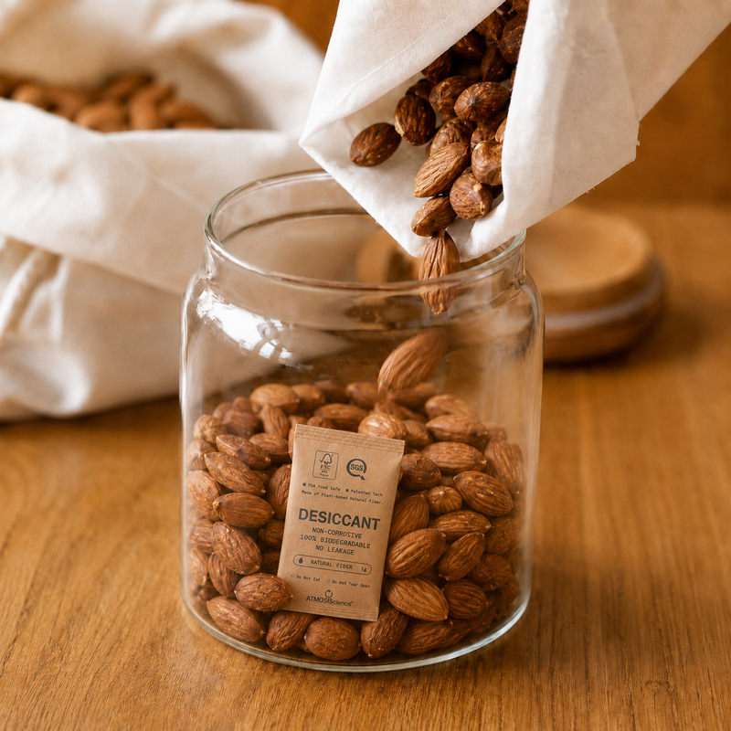 Fiber desiccant protecting packaged food and nutraceuticals