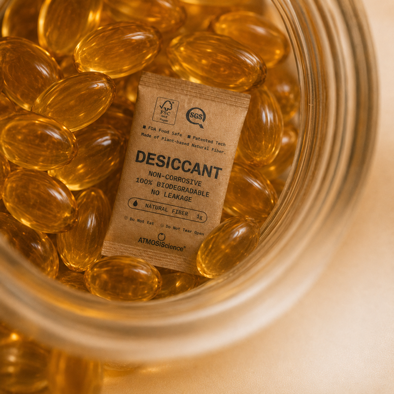 Fiber desiccant in pharmaceutical blister packs and bottles