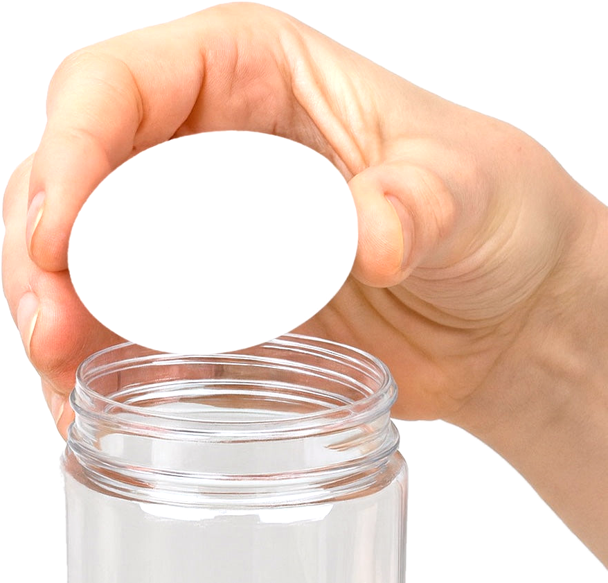 Hand placing a HumidiShield humidity control liner onto a glass jar